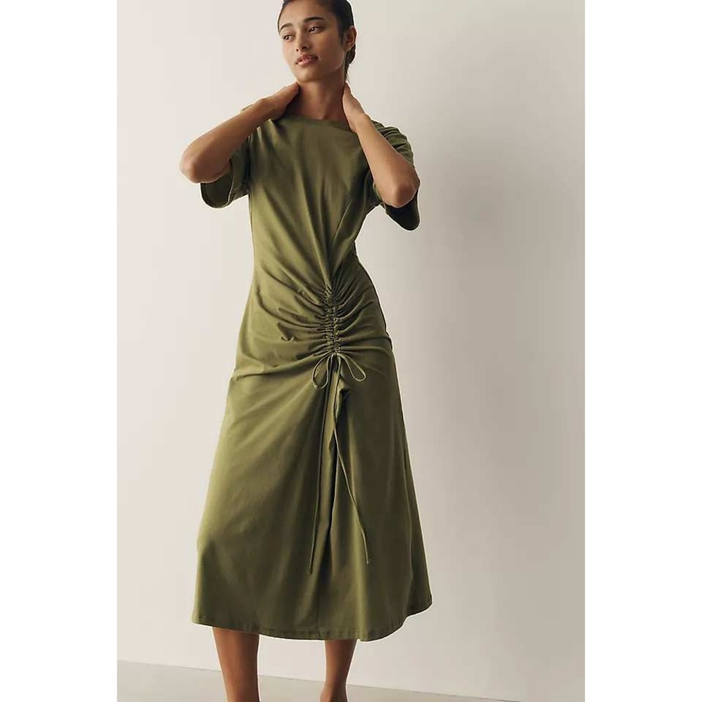 Anthropologie Ruched T-Shirt Midi Dress Olive Green Size SP NWT